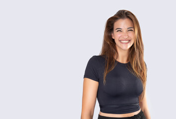 Beautiful smiling young woman on white background