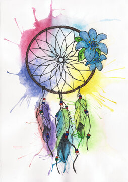 Dream Catcher. Hand drawn watercolor illustration. A versatile and colorful illustration that is suitable for printing on clothing and gifts, postcards and stickers.