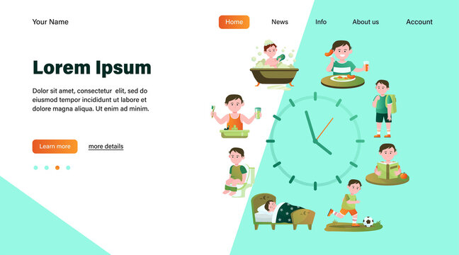 Child daily routine clocks flat vector illustration. Cartoon schedule of happy boy life from eating breakfast, going school to sleeping. Health and activity concept