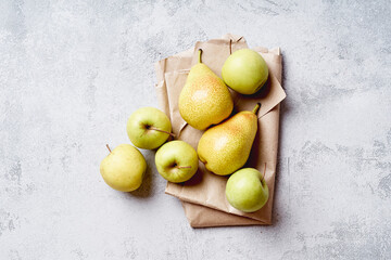 Fresh apples and pears viewed from above