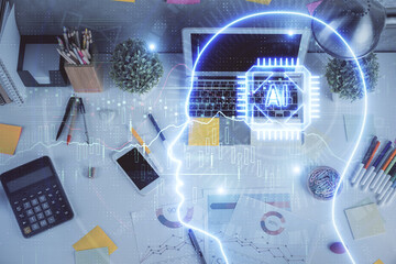 Multi exposure of brain sketch hologram over topview work table background with computer. Concept...