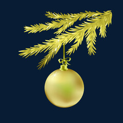 Gold branch of Christmas tree with ball.Isolated decorative element for New Year design.Vector illustration