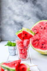 watermelon slices pieces red ripe berry juicy sweet dessert fruit food background top view copy space for text organic eating healthy 