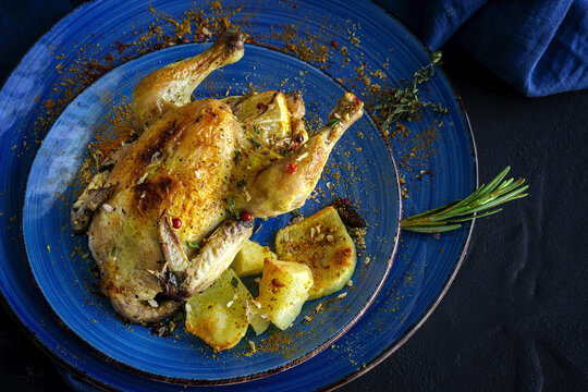 From above of ceramic plates with tasty French coquelet with golden surface garnished with slices of roasted potatoes and seasoned with fresh rosemary and different spices