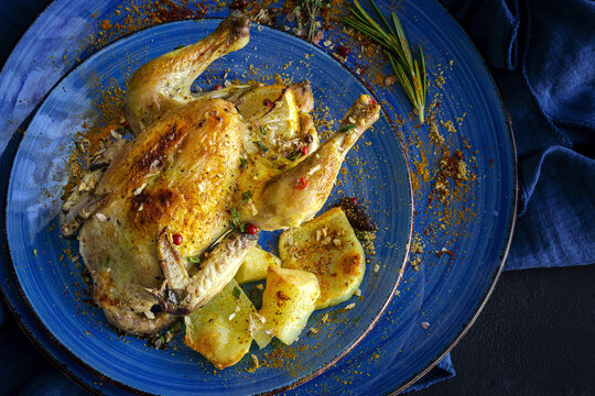 From above of ceramic plates with tasty French coquelet with golden surface garnished with slices of roasted potatoes and seasoned with fresh rosemary and different spices