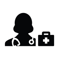 Nurse icon vector female person profile avatar with Stethoscope and first aid kit bag for medical Consultation in Glyph Pictogram illustration