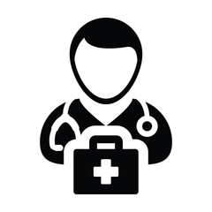 Nurse icon vector male person profile avatar with Stethoscope and first aid kit bag for medical Consultation in Glyph Pictogram illustration