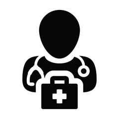 Doctor icon vector male person profile avatar with Stethoscope and first aid kit bag for Medical Consultation in Glyph Pictogram illustration