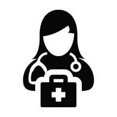 Healthcare icon vector female doctor person profile avatar with Stethoscope and first aid kit bag for Medical Consultation in Glyph Pictogram illustration