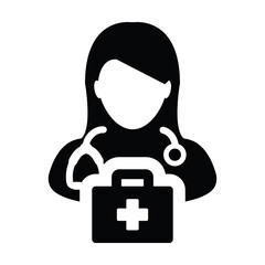 Doctor icon vector female person profile avatar with Stethoscope and first aid kit bag for Medical Consultation in Glyph Pictogram illustration