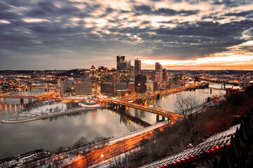 Sunrise over Pittsburgh downtown