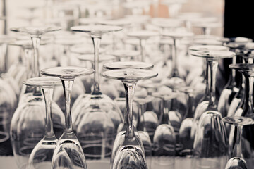 Transparent empty glasses standing on the table