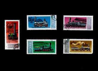 stamps printed in USSR of different types of steam locomotives of 19th century