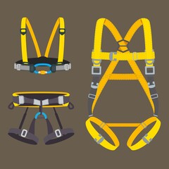 Safety harness fall protection set. Climbing, mountaineering, abseiling or rappelling gear. Industrial or construction safety seat belt, chest and full body types. Vector illustration.