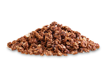 Chocolate nuts oatmeal granola on a white isolated background