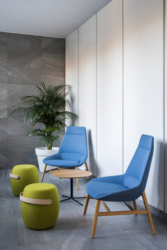 Modern bright interior with high ceilings furnished with design lamps, chairs, stools and a plant
