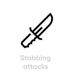 Military knife for riot in linear style. Editable vector stroke. Single pictogram. Stabbing attacks.