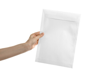 Woman holding paper envelope on white background, closeup