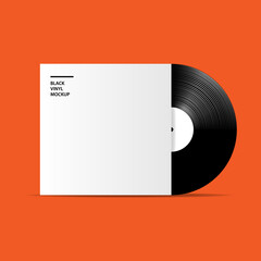 Realistic mockup black vinyl design template on orange background