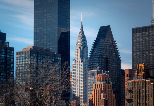 Modern city street with high buildings