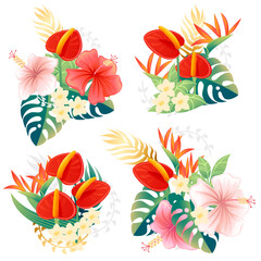 Set of decorative bouquet flowers red anthurium floral element for garden or flower pot flat vector illustration isolated on white background