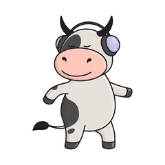 Obraz na płótnie Canvas Cute spotted bull or cow is listening to music with headphones and dancing. Bull is symbol of the New year 2021 according to the Eastern calendar. Vector stock flat illustration isolated on white