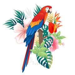 Cute Macaw parrot sit with green leaves and red flower head cartoon animal design flat vector illustration isolated on white background © Alfmaler