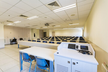 Empty university classroom. Students study online due to covid-19 pandemic.