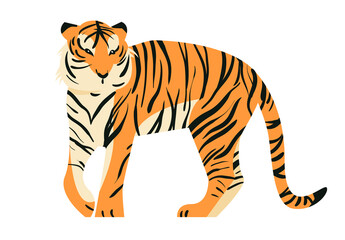 Fototapeta na wymiar Isolated on white tiger in side view vector illustration. Big tropical cat design element. African feline in flat cartoon style.