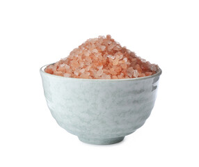 Pink himalayan salt in bowl isolated on white