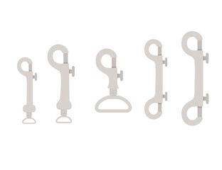 Big set of metal claw clasps alpine climbing equipment flat vector illustration isolated on white background