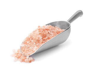 Metal scoop with pink himalayan salt isolated on white