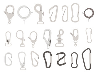 Big set of metal climbing carabiners and claw clasps alpine climbing equipment flat vector illustration isolated on white background