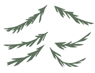 Green simple silhouette set of spruce branch for flat vector illustration isolated on white background