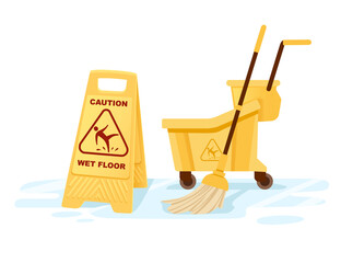 Group of cleaning tools wet floor sign mop bucket cleaning supplies flat vector illustration on white background © Alfmaler