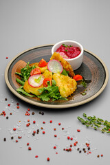 Fried french fries breaded with greens, radishes and beet chips on a white plate.