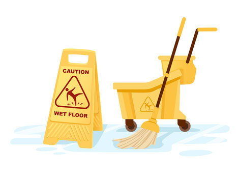 Group of cleaning tools wet floor sign mop bucket cleaning supplies flat vector illustration on white background