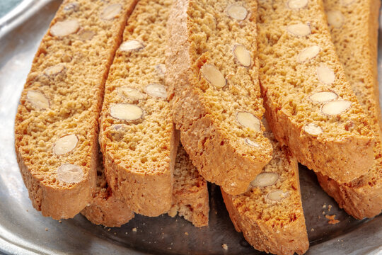 Biscotti, traditional Italian almond biscuits, a close-up