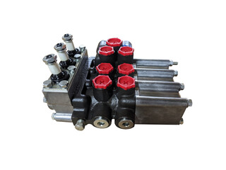 Hydraulic distributor of the tractor on isolated white background. New spare parts. © lastfurianec