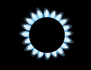 Top view on gas stove burner gas blue flame flat vector illustration on black background
