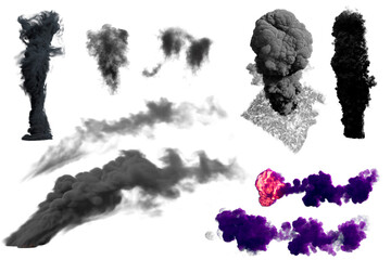 Black smoke with fire, dark fog clouds. Industrial smog, air pollution isolated background,...