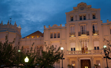 Building at sunset in the Navarra Square. Huesca. Aragon. Spain.