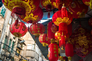 From below of traditional Chinese lanterns hanging on street of Xiamen city in China