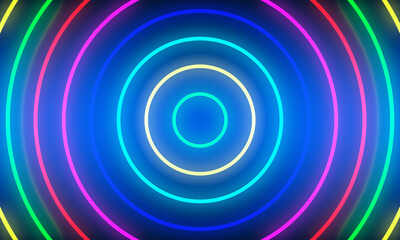 Abstract colorful neon light circles background.