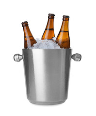 Metal bucket with beer and ice cubes isolated on white