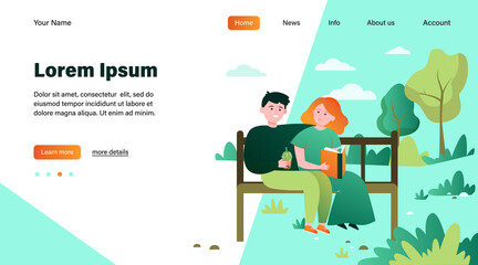 Happy couple sitting on bench in park. Date, love, book flat vector illustration. Relationship and family concept for banner, website design or landing web page