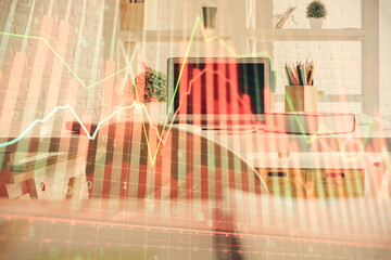 Double exposure of financial graph drawing and office interior background. Concept of stock market.