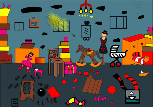 Dibujo infantil de un desv&aacute;n con juguetes