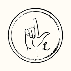 Fototapeta premium This is a retro image of a letter from the American alphabet in the style of ink drawing. This is a hand gesture for deaf people signifying the letter L.