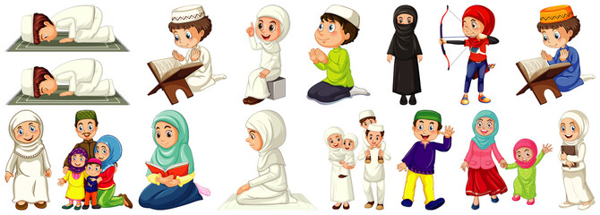 Set of different muslim people cartoon character isolated on white background
